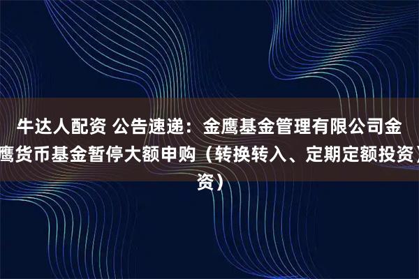 牛达人配资 公告速递:金鹰基金管理有限公司金鹰货币基金暂停大额申购(转换转入、定期定额投资)
